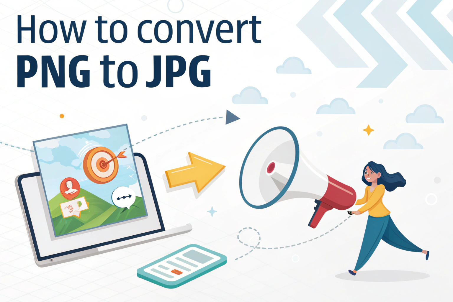 How to convert PNG to JPG featured image showing PNG and JPG images with differences in quality, file size, and transparency.