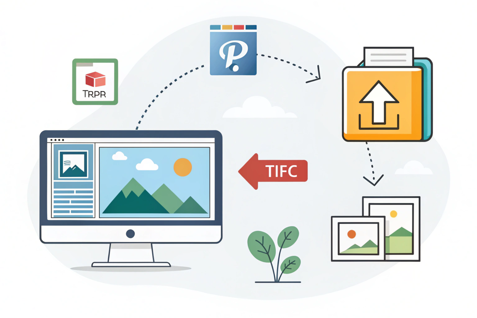 Illustration showing how to convert TIFF to JPG using online tools, software, and Windows or Mac computers
