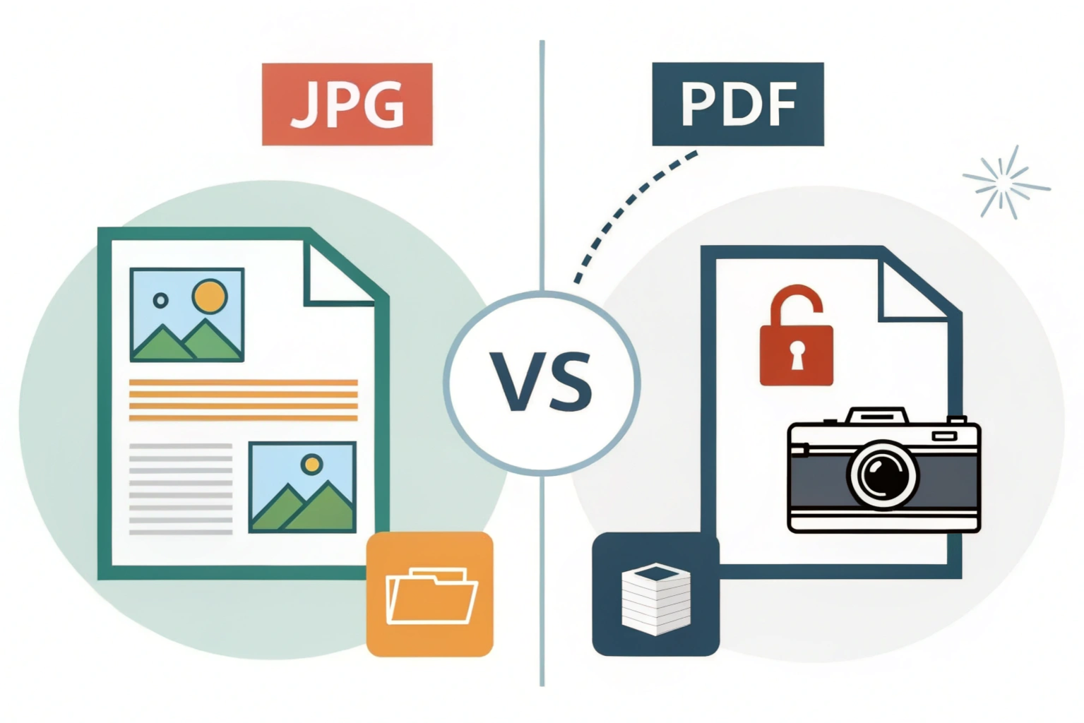 Difference between JPG and PDF showing PDF document layout and JPG image format side by side for easy comparison