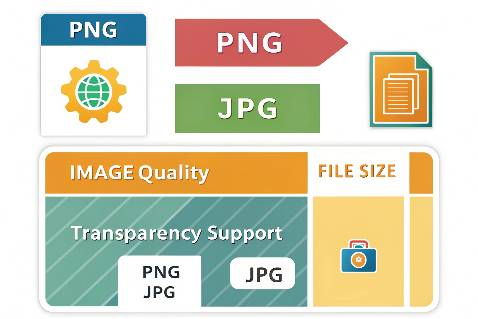 How to convert png to jpg infographic showing differences between PNG and JPG in image quality, file size, and transparency support