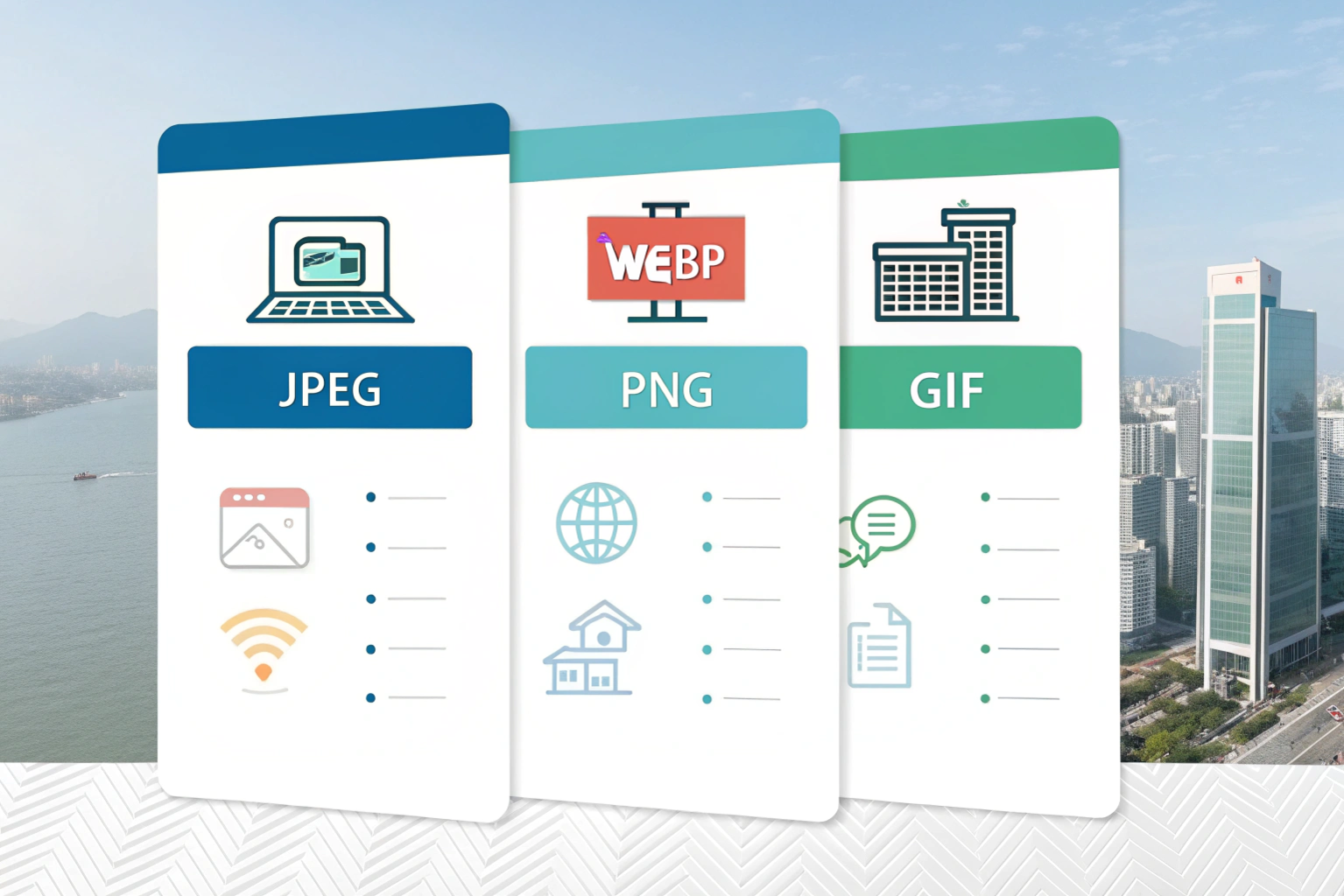 What is WebP? Comparison of WebP with JPG, PNG, and GIF showing differences in file size, image quality, transparency, and animation support