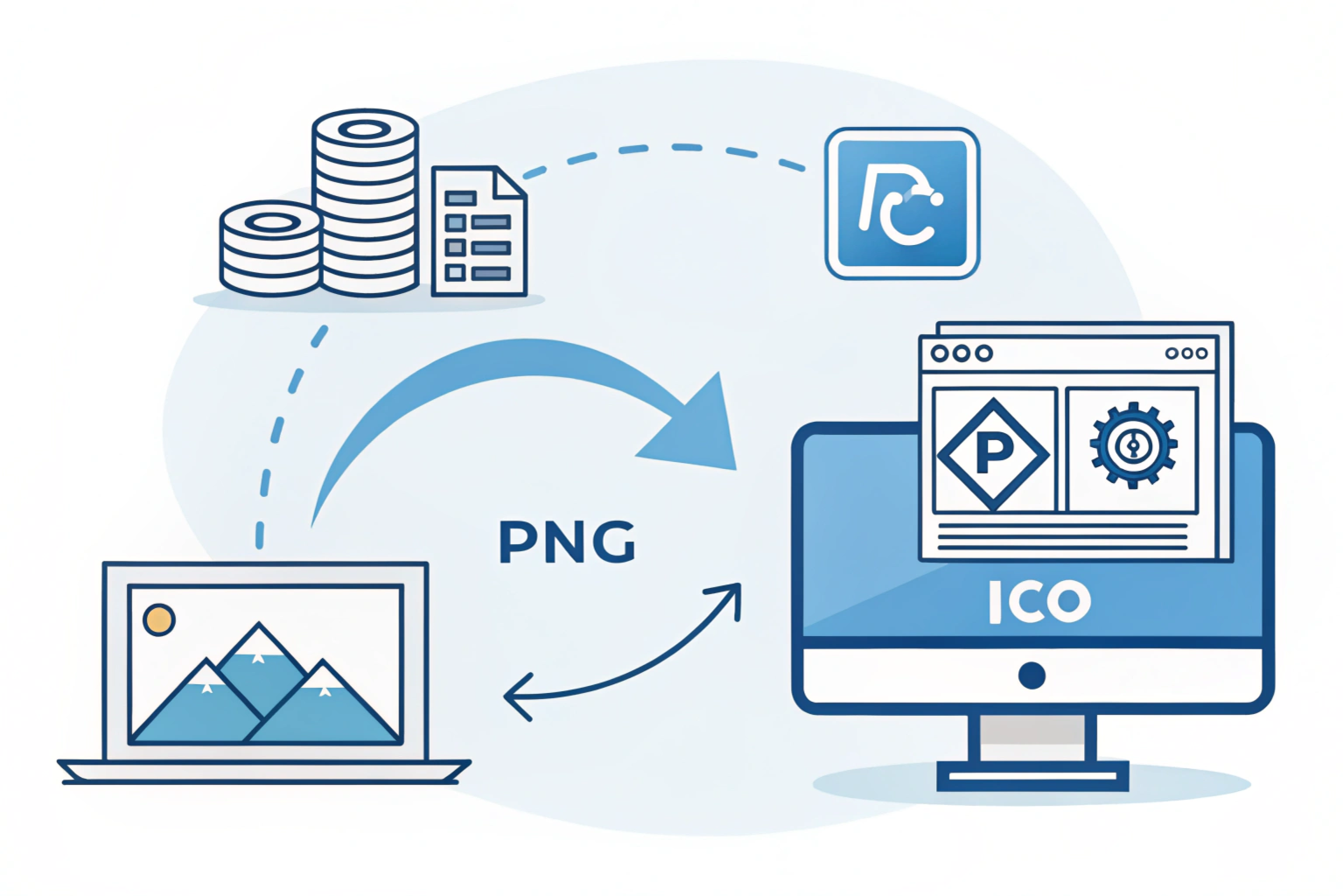What is an ICO file illustration showing Windows icons, app icons, and favicon examples with different icon sizes