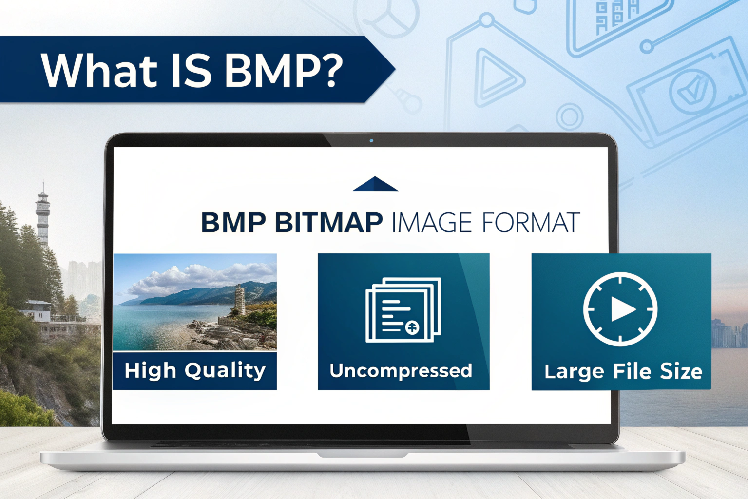 What is BMP? – bitmap image file format explained with high-quality uncompressed image illustration showing BMP file concept and its large file size.