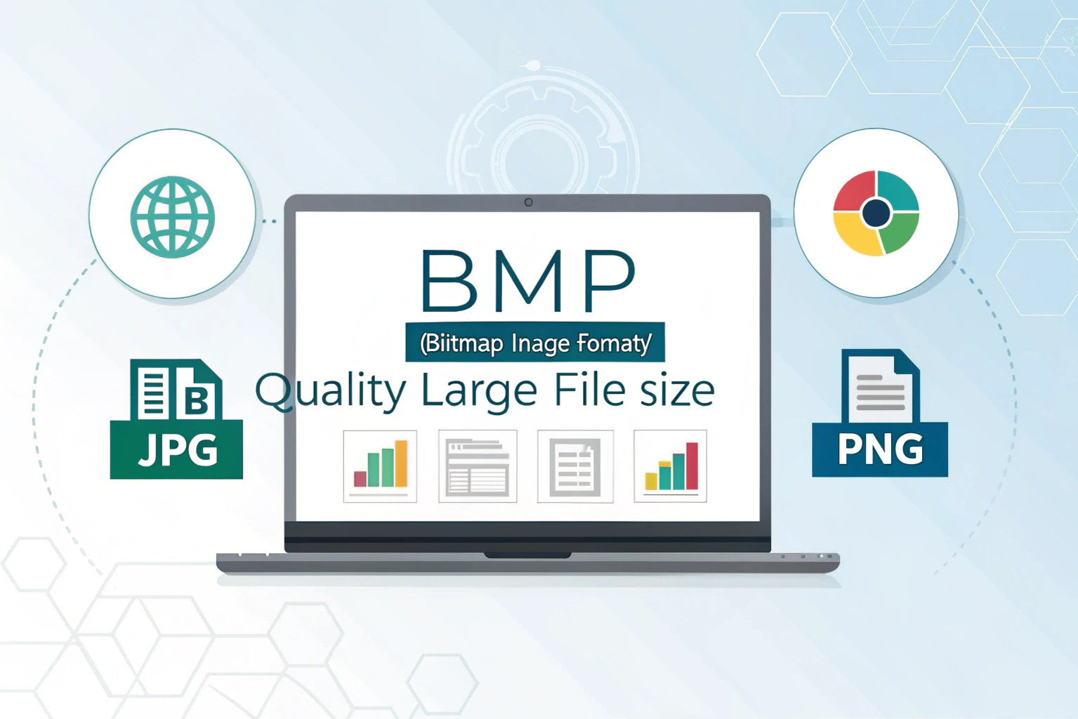 What is BMP? – explanation of Bitmap image format showing high-quality uncompressed image with large file size, commonly used in designing, printing, and technical imaging.