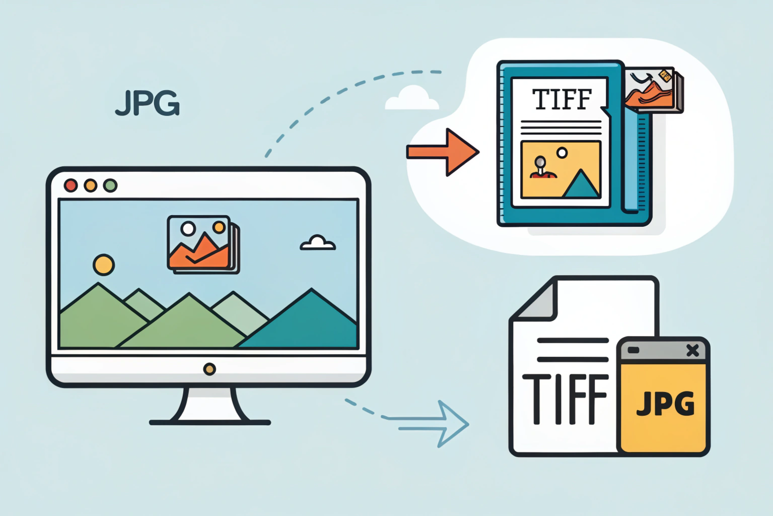 What is a TIFF to JPG converter? Illustration showing a TIFF file being converted to JPG using online and software tools for easier sharing and smaller file size