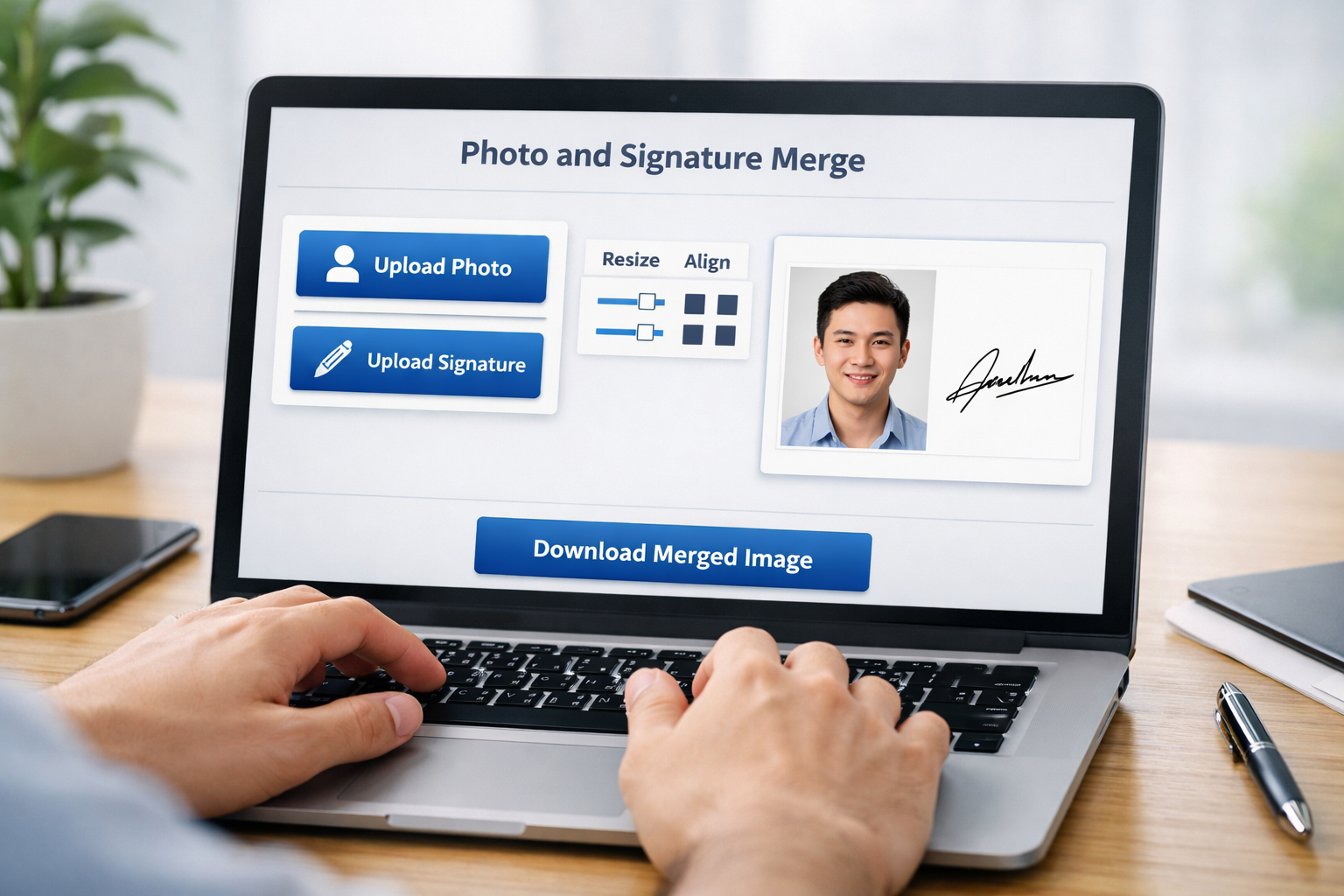 Photo and signature merge using an online tool to combine photo and signature into a single image