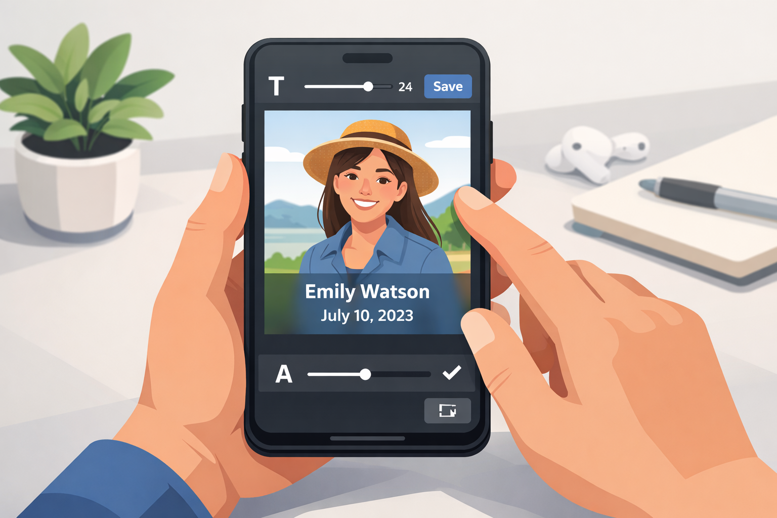Edit photo with name and date on mobile phone using a photo editing app