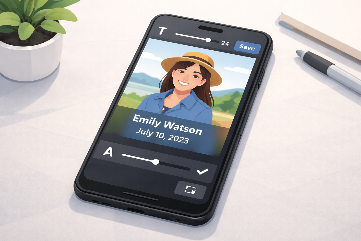 Smartphone screen showing photo being edited with name and date added