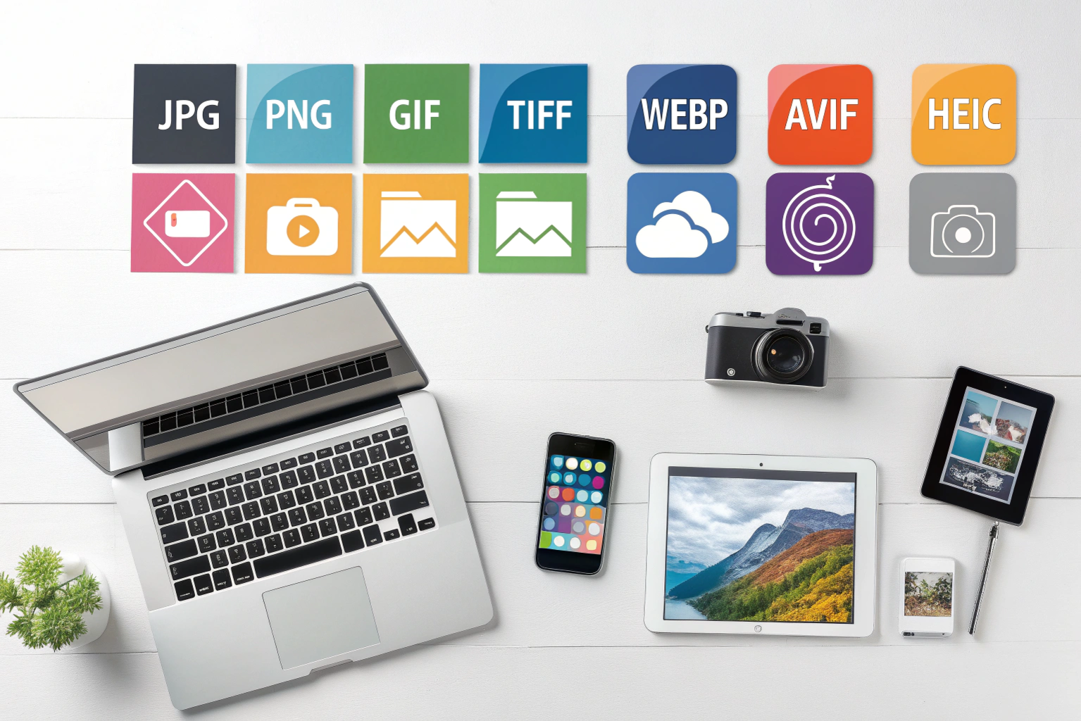 Illustration showing different Image file formats like JPG, PNG, GIF, TIFF, WebP, AVIF, and HEIC with colorful icons and digital graphics.