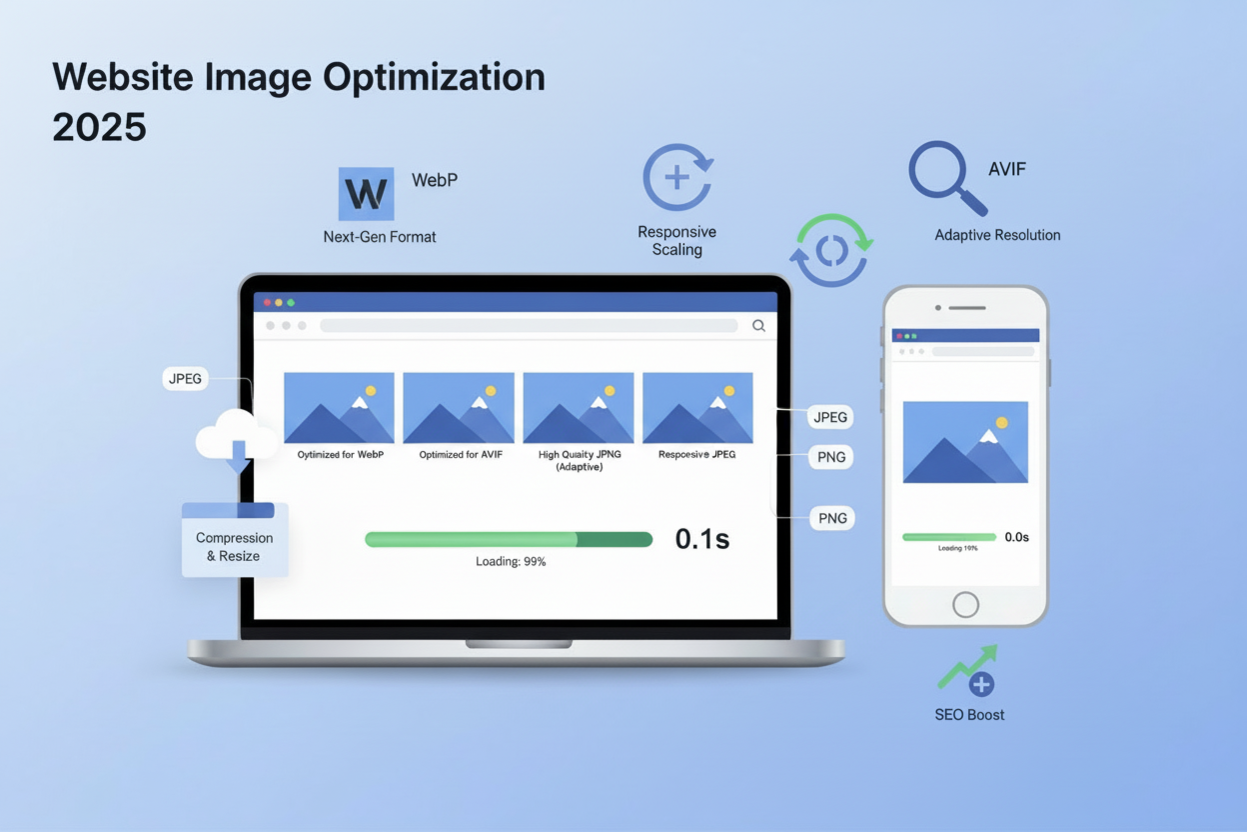 Best image size and format for websites in 2025 showing optimized images loading fast on desktop and mobile devices using WebP and AVIF formats