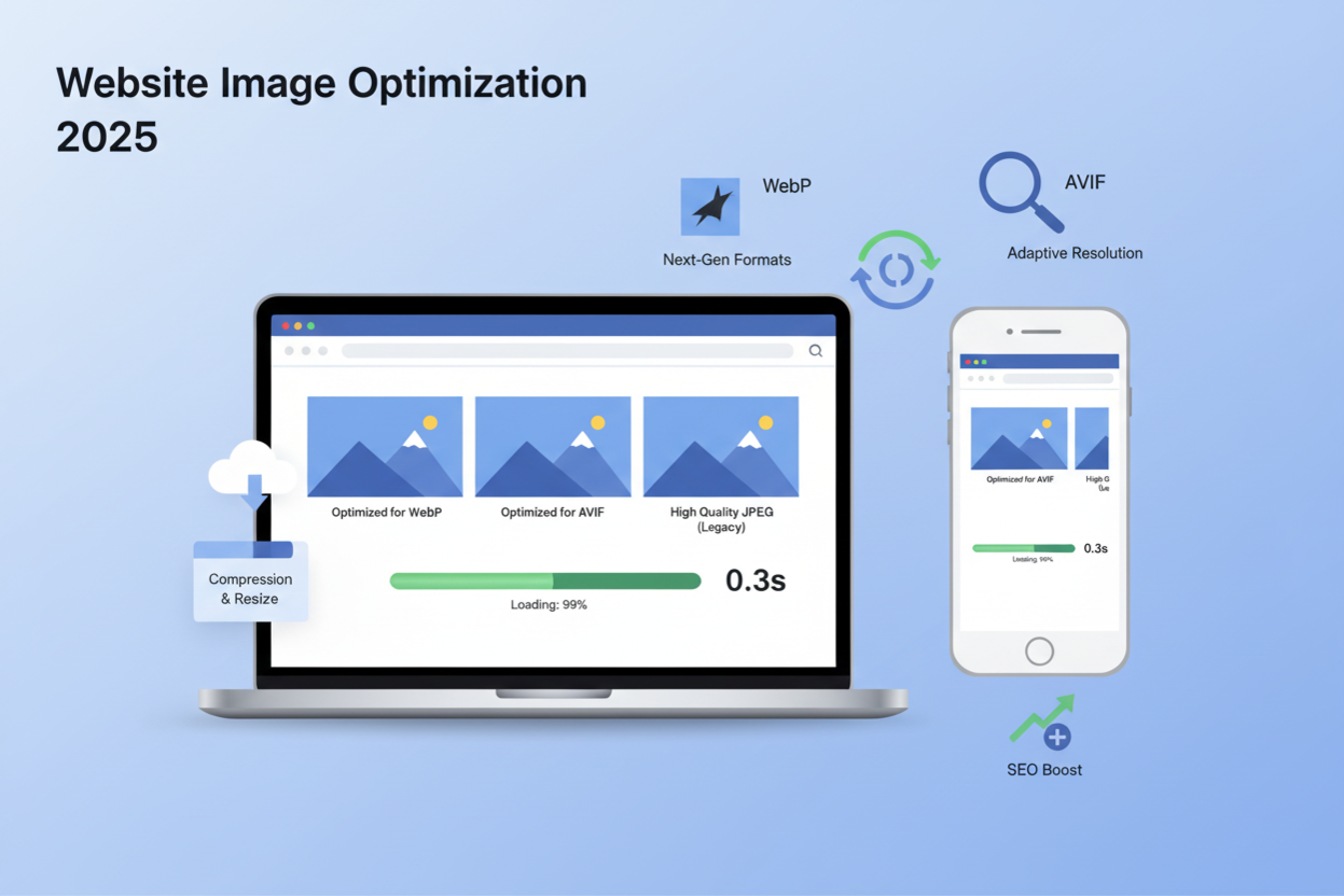 Best image size and format for websites in 2025 showing optimized images loading fast on desktop and mobile devices using WebP and AVIF formats