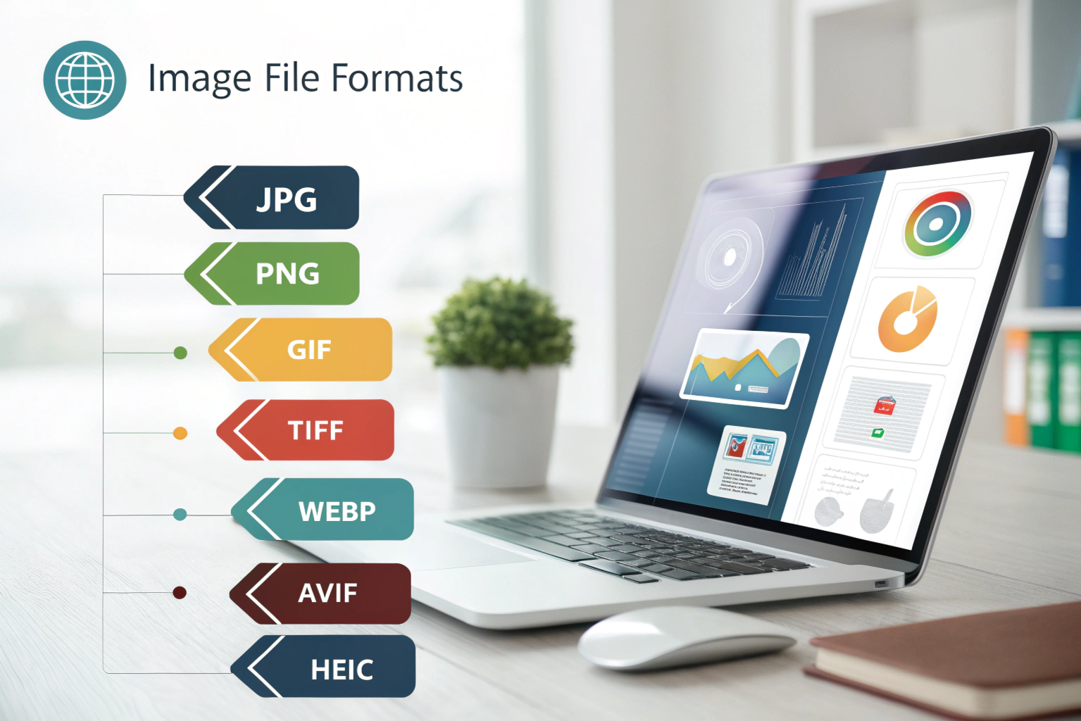 Image showing different image file formats like JPG, PNG, GIF, TIFF, WebP, AVIF, and HEIC with icons and graphics representing modern image formats.