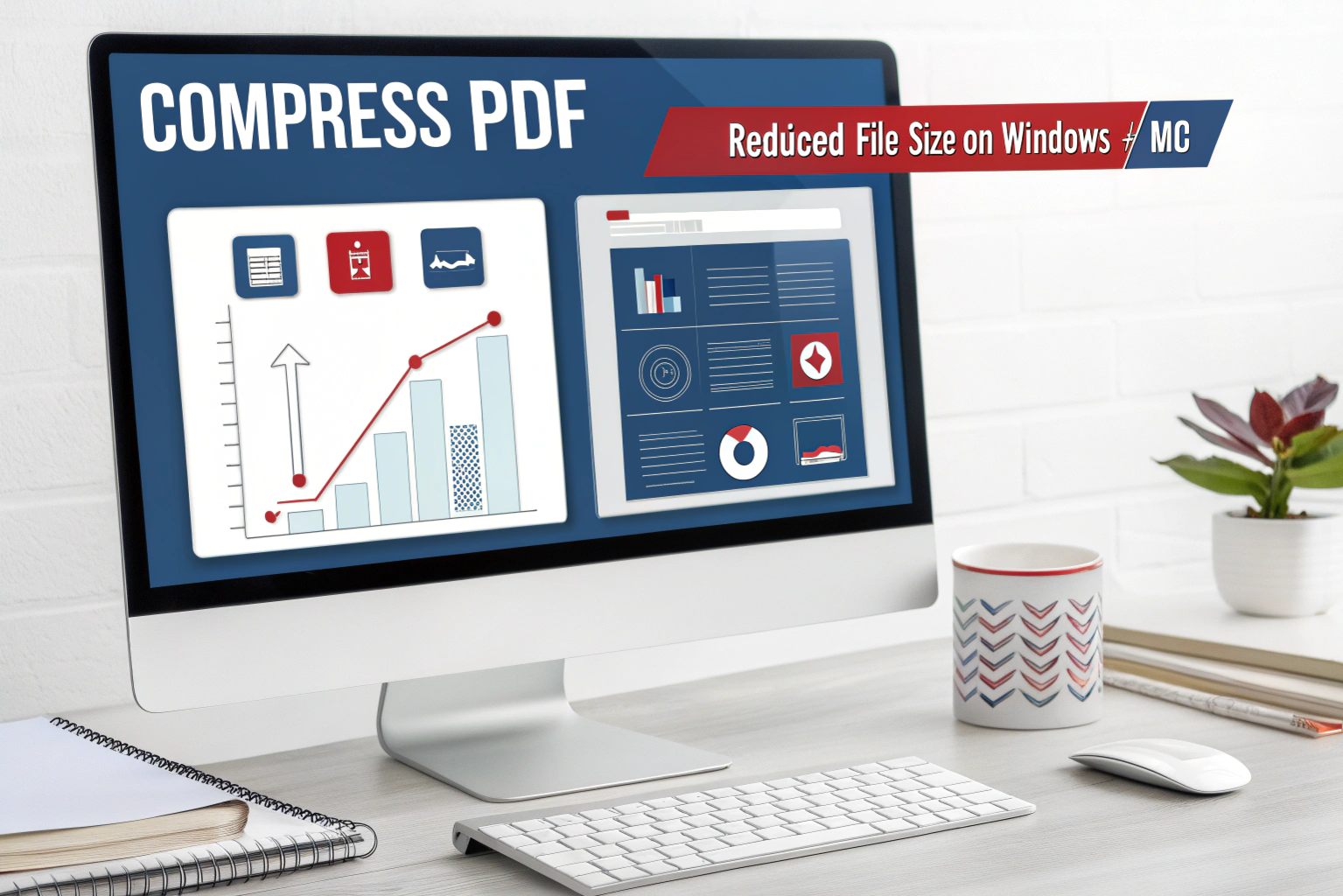 How to reduce size of PDF – illustration showing PDF compression on Windows and Mac using Adobe Acrobat and Preview tools.