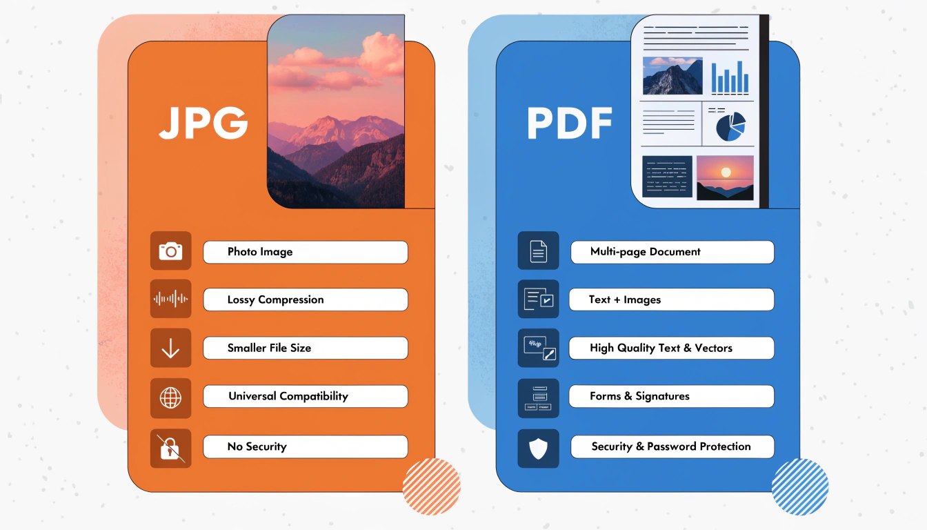 Infographic showing the difference between PDF and JPG file formats, comparing image files with document features like multi-page layout, compression, quality, and security.